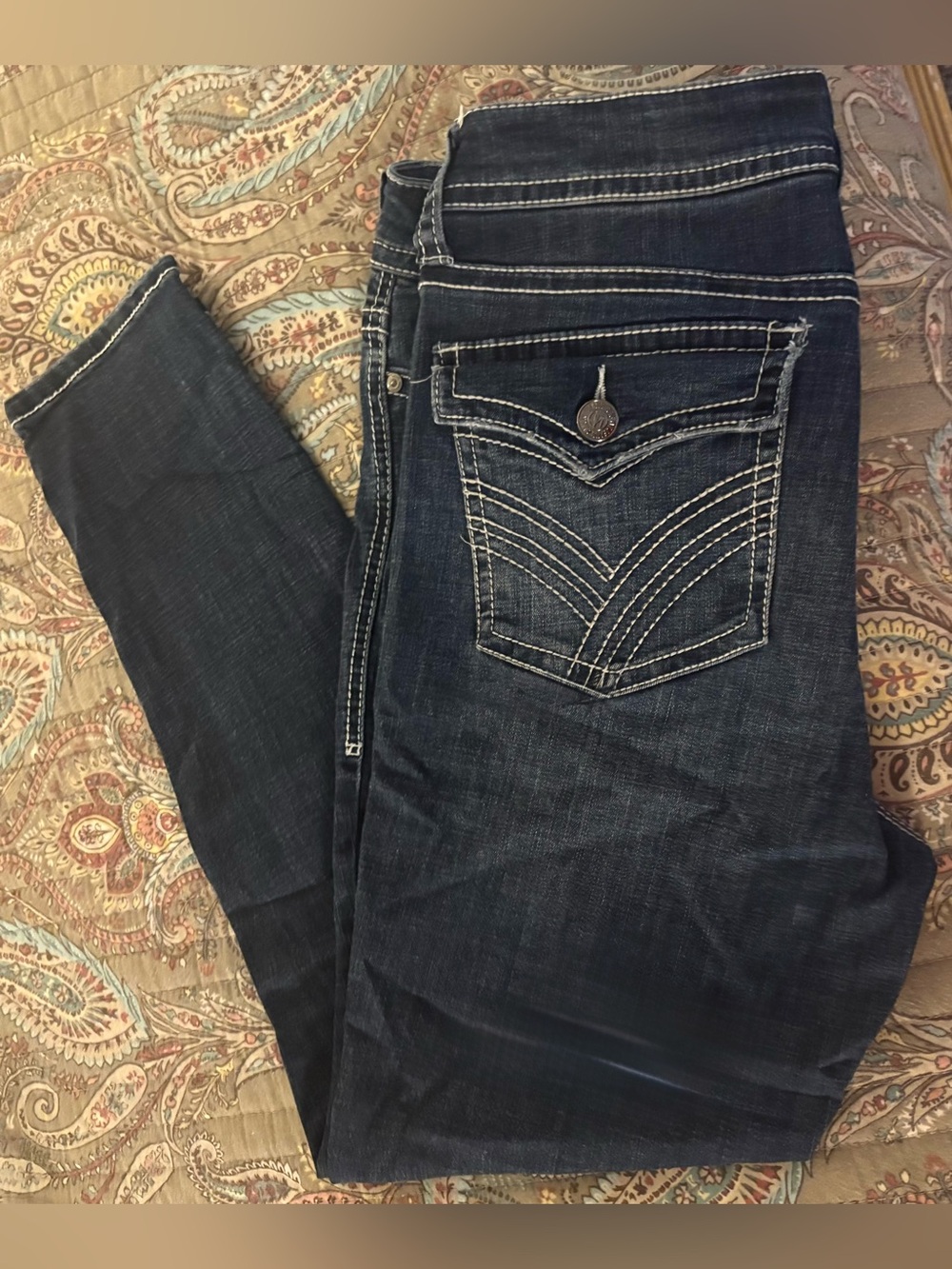 Seven7 Dark Blue Skinny Jeans with Contrast White Stitching and  Detail pockets
